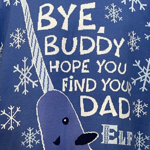 Elf Narwhal BYE BUDDY I HOPE YOU FIND YOUR DAD Ugly Christmas Sweater Size L - Picture 2 of 5